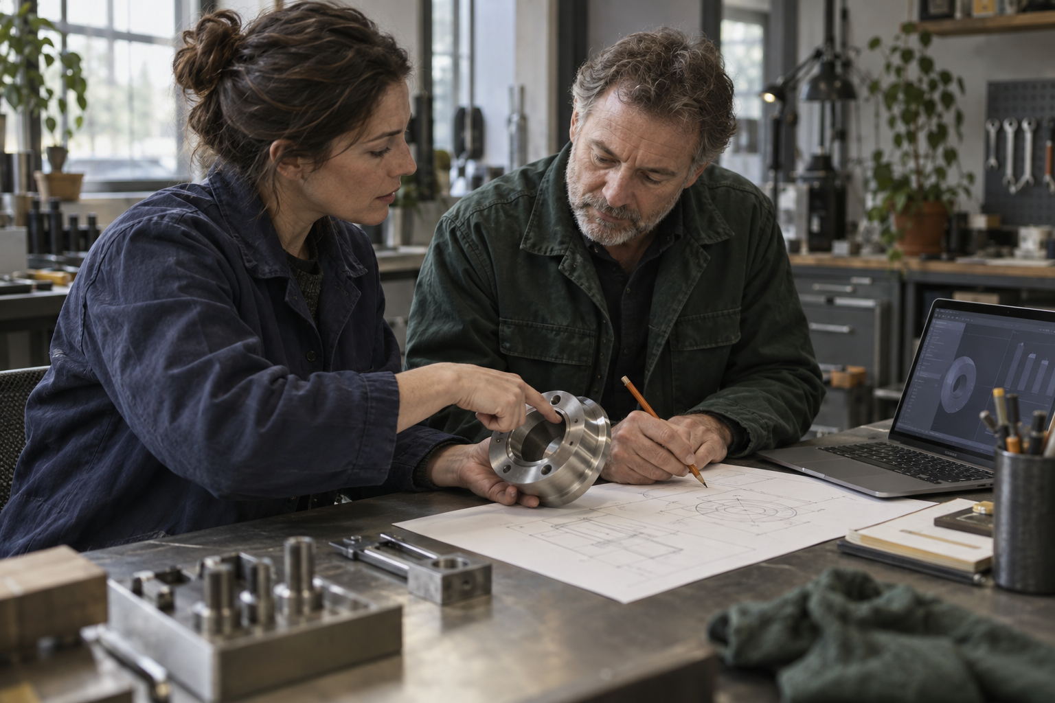 Deux professionnels d’atelier examinent une pièce métallique et un plan de travail.